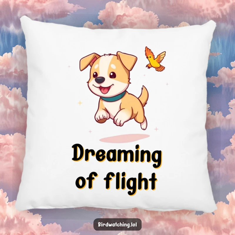 Funny dog pillow, mid-chase with a small bird, a soft and humorous decorative piece for dog lovers.