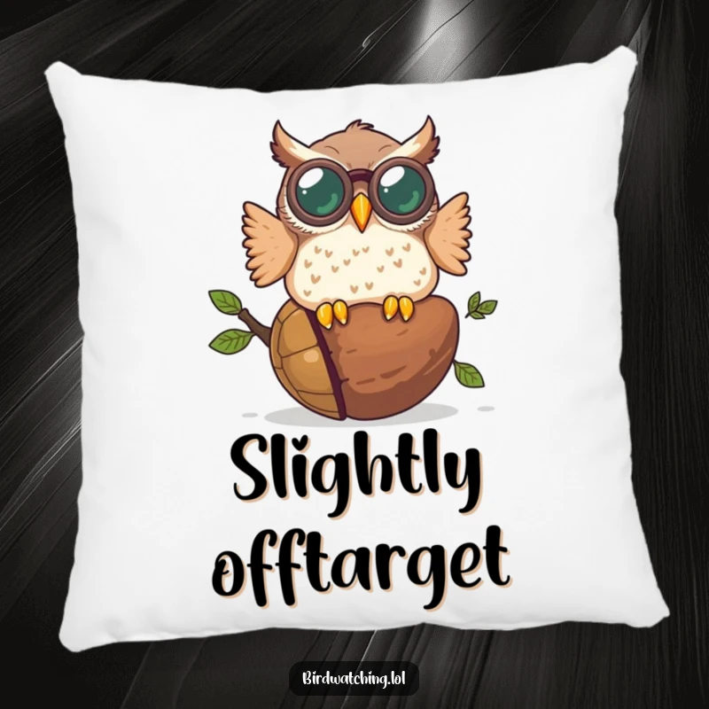 Funny throw pillow showcasing a plump owl wearing oversized binoculars as it crashes into a giant acorn, a humorous and cozy accent piece.
