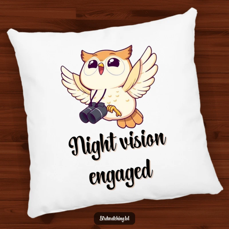 Funny owl pillow, joyfully flying while holding binoculars, a cute and humorous decorative item for bird lovers.
