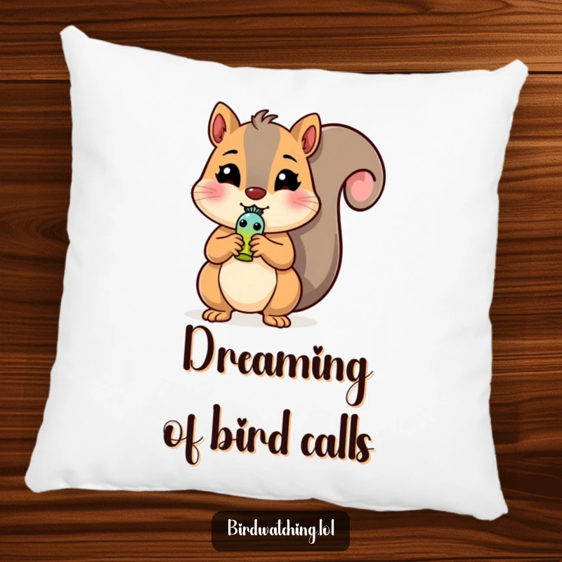 Funny Squirrel Pillow: A cheerful squirrel character holds a tiny bird whistle, perfect for sofa or bed. Cute.