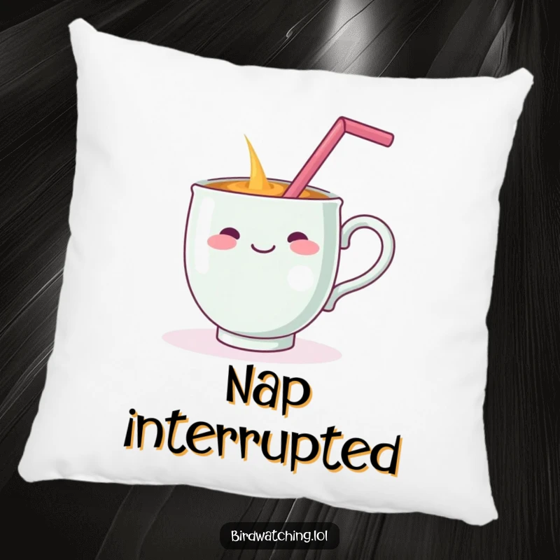 Funny throw pillow showing a cheerful teacup dramatically spilling its drink while balancing a straw on its handle, a humorous accent piece.