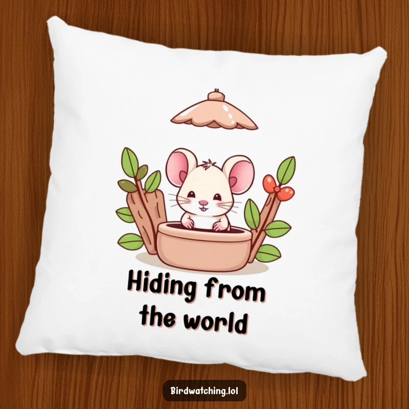 Funny Mouse Pillow: Silly mouse character hiding behind a bird feeder, perfect for snuggling. Cute.