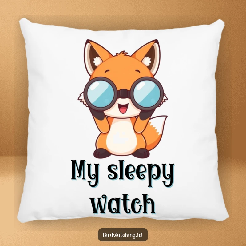 Funny Fox Pillow: A cheerful fox character peering through large binoculars, perfect for adding whimsical comfort.