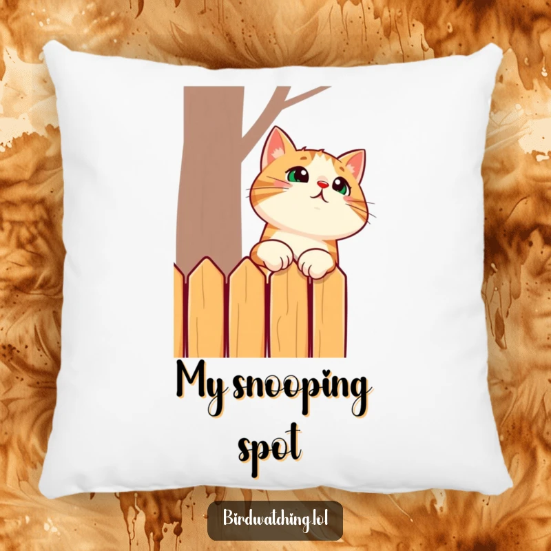Funny pillow with a surprised cat stretching its neck to peer mischievously over a fence, offering comfort and a chuckle.