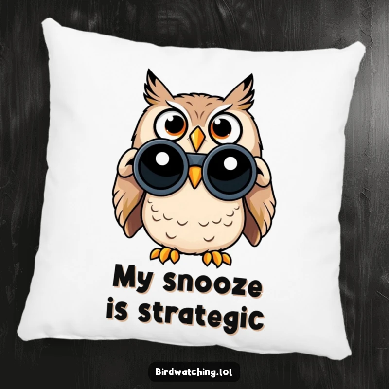 Funny decorative pillow featuring a surprised owl with large, wide eyes, looking through binoculars with curiosity.