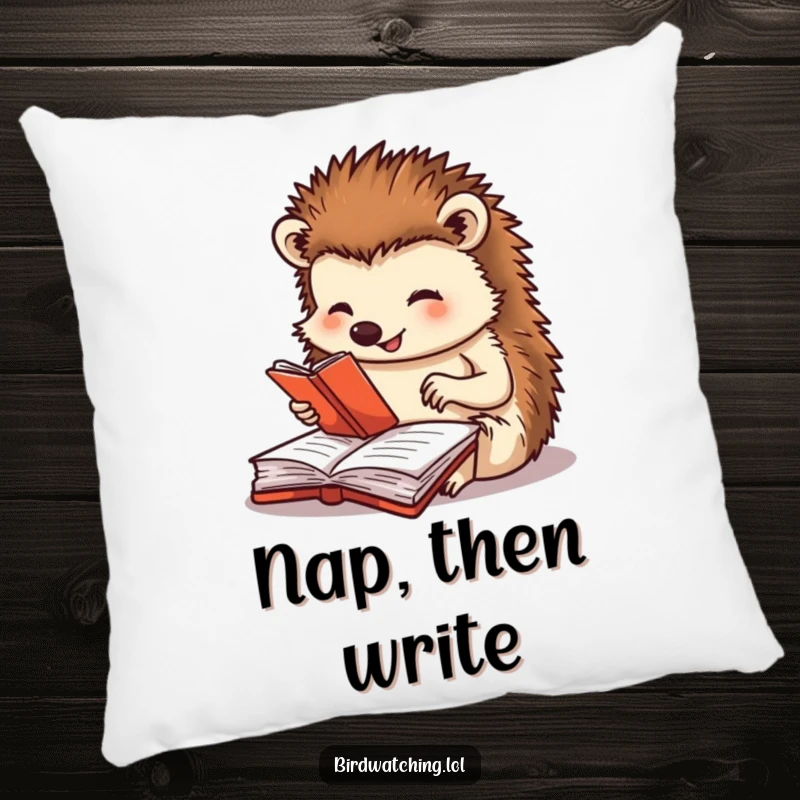 Funny pillow featuring a happy hedgehog intently journaling, offering comfort and a touch of meticulous, heartwarming humor, ideal for a decorative gift.
