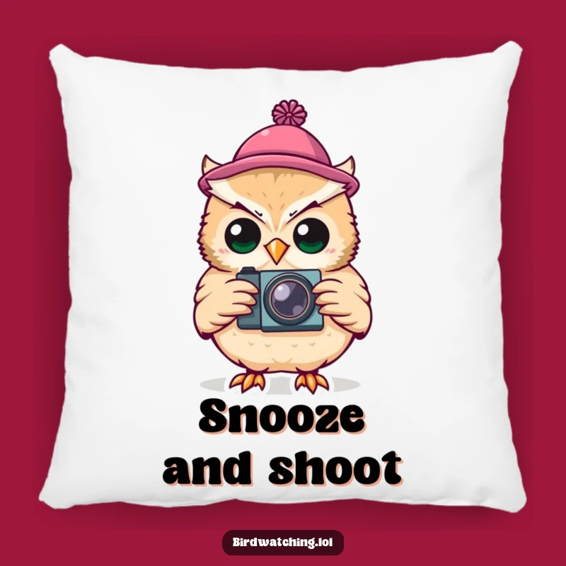 Funny Silly Owl Photographer Pillow: Cozy Tiny Hat Cushion, Cute Gift