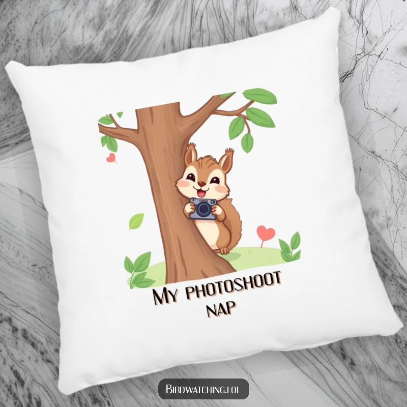 Funny squirrel photographer pillow with a joyful squirrel peeking from behind a tree holding a tiny camera, soft humorous gift.
