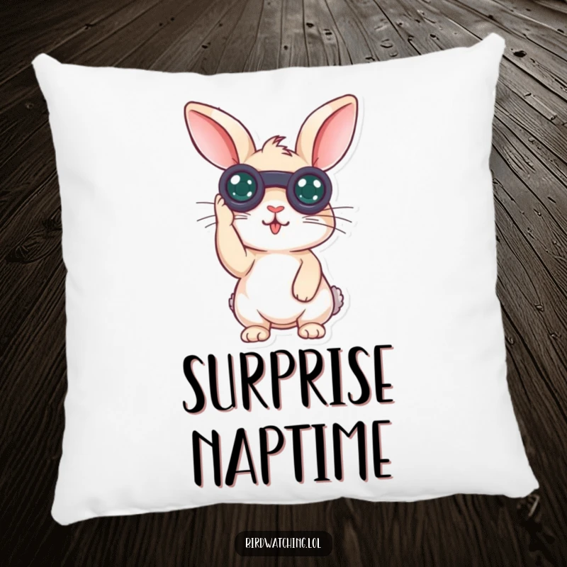 Funny surprised rabbit pillow featuring a curious bunny with binoculars, looking surprised, perfect for cozy decor.