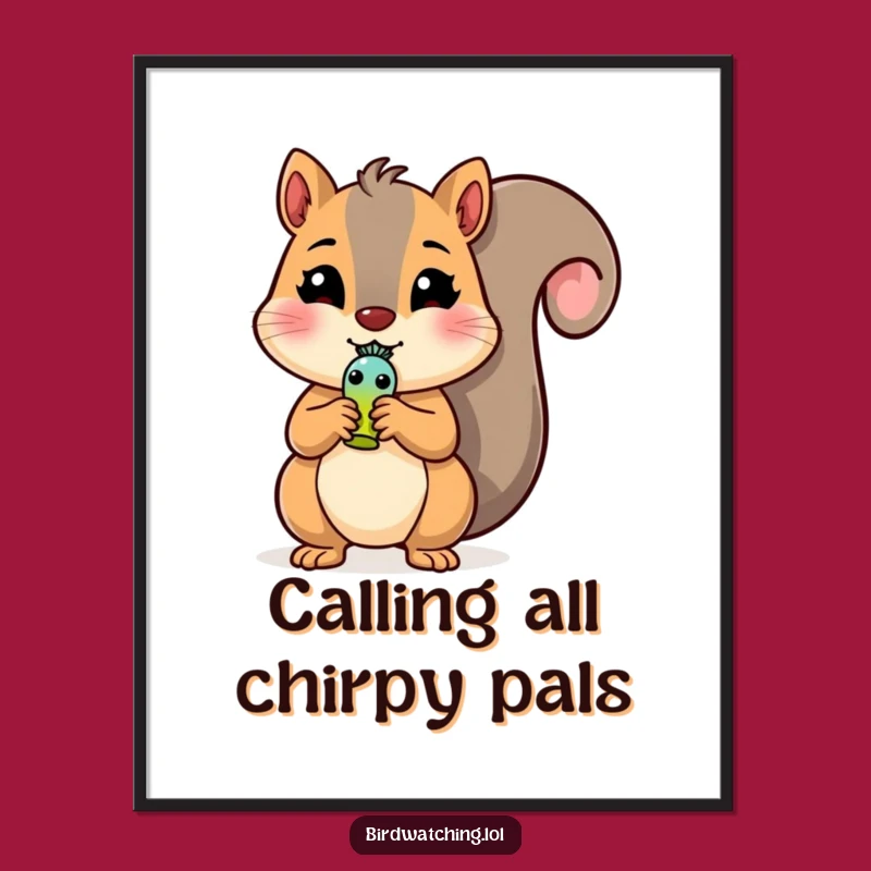 Funny Squirrel Digital Art: Cheerful Bird Whistle Print, Instant Funny Gift Download