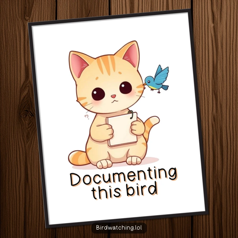 Funny Digital Art Print of a curious cat holding a notepad, observing a bird, a humorous investigative scene.