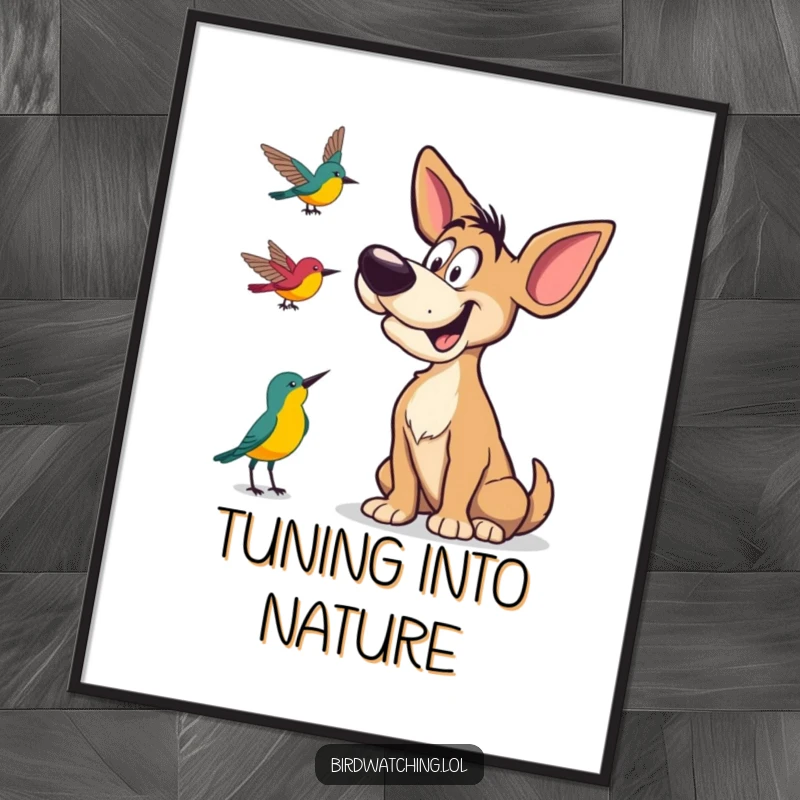 Funny Digital Art Print of a goofy dog tilting its head to listen to bird calls, offering instant canine humor.