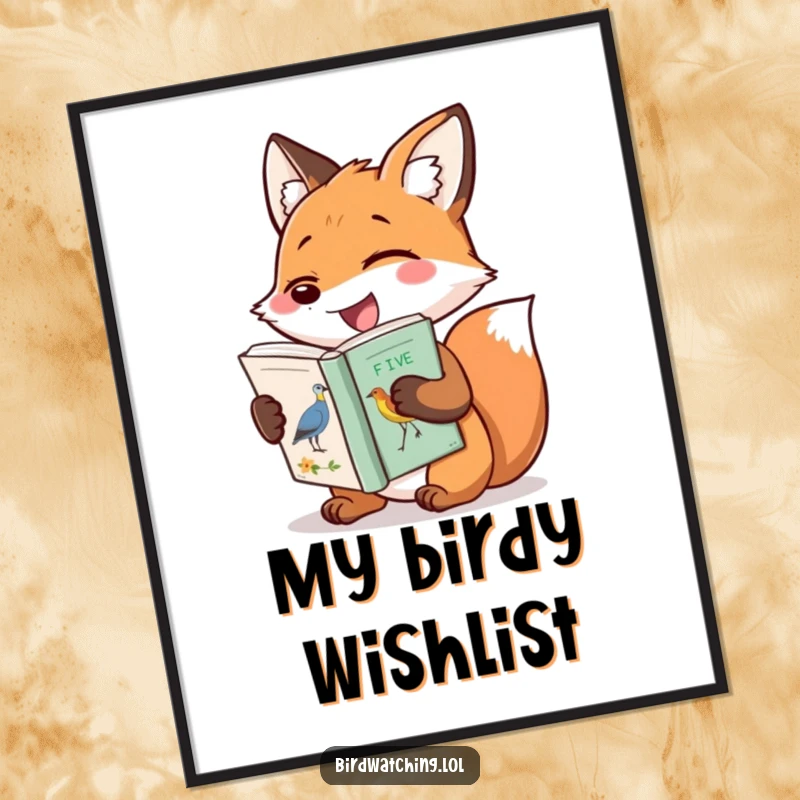 Funny digital art print of a very happy fox clutching a bird identification book, great for printable wall art.
