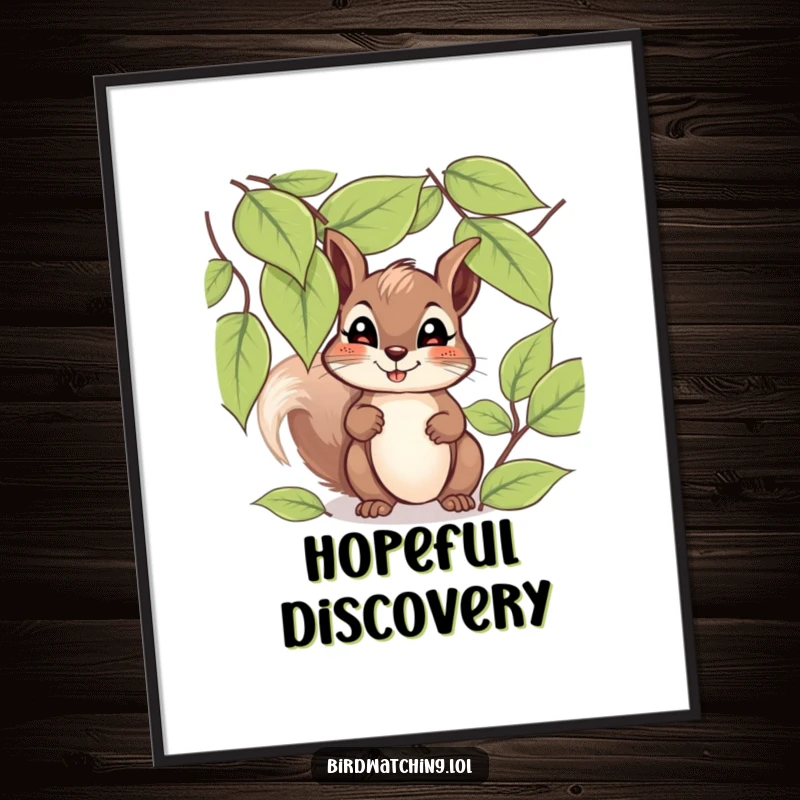 Funny giggling squirrel digital art print of a happy squirrel peeking through leaves with a hopeful, giggling expression, for display.