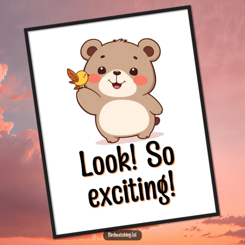 Funny digital art print of a happy bear pointing with great excitement towards a small, fluttering bird.