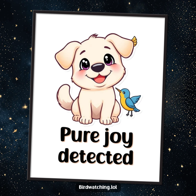 Funny Digital Art Print of a happy dog with wide eyes, tail wagging at a bird, capturing pure joy.