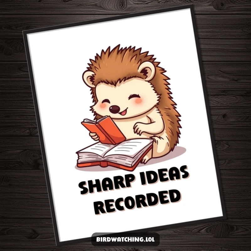 Funny digital art print of a happy hedgehog diligently journaling; a heartwarming and humorous illustration, ideal for printing as a gift.