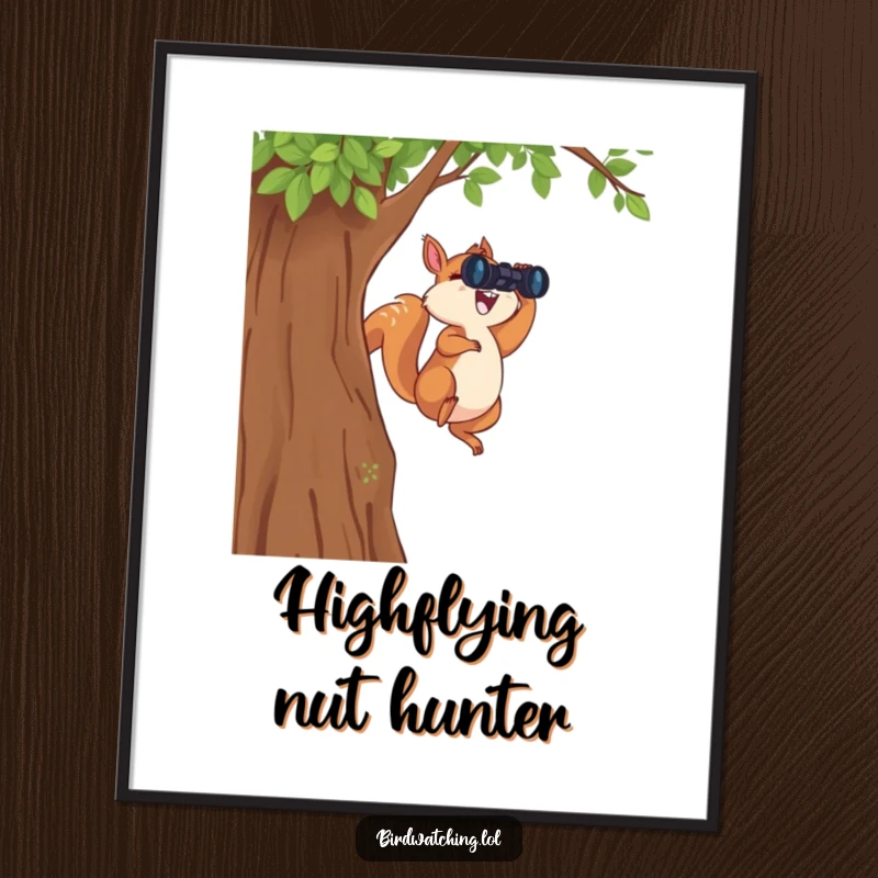 Funny Leaping Squirrel Digital Art Print: A downloadable, humorous artwork of a squirrel leaping with binoculars, full of playful energy.