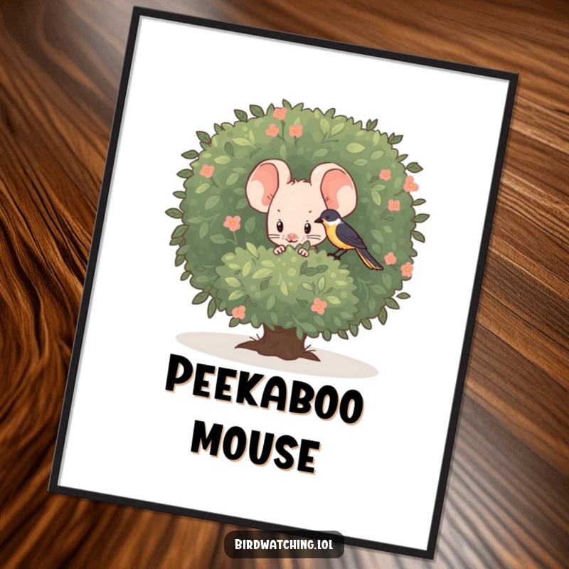 Funny shy mouse digital art print, hiding to observe a bird, adding sweet and funny charm to decor.
