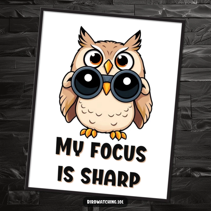 Funny digital art print of a surprised owl with huge eyes, peering through binoculars, capturing a moment of discovery.