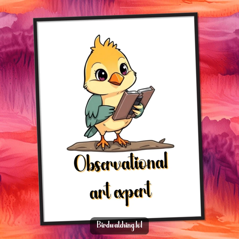 Funny, determined bird watcher intensely sketching, creating art, vibrant and humorous digital art print.