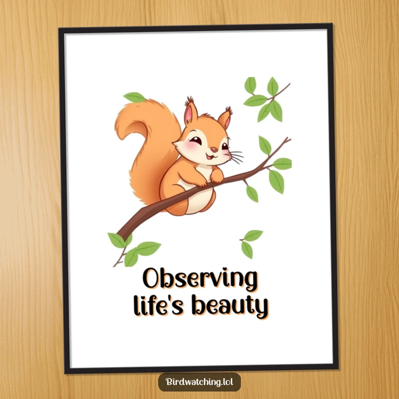 Funny squirrel digital art print, cheerfully perched on a branch, observing with a keen eye. Instant download.