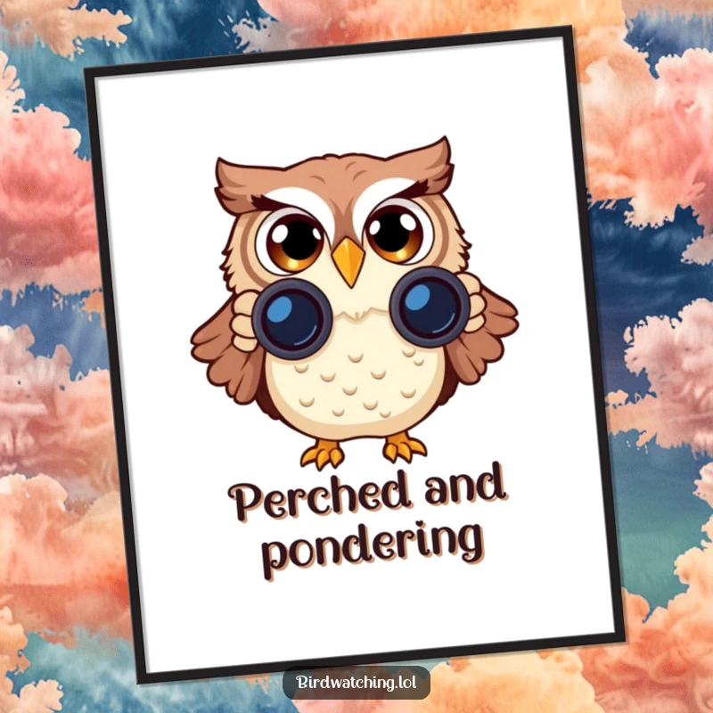 Funny Surprised Owl Digital Art Print: A downloadable, humorous artwork of an owl with binoculars, exuding comical surprise.