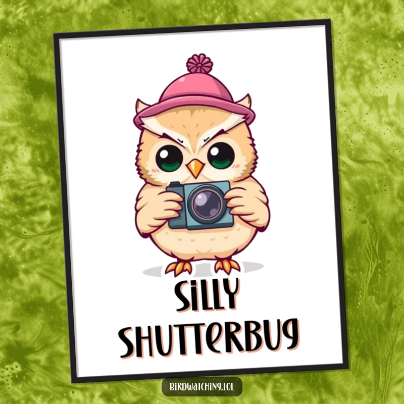 Funny Digital Art Print: A silly owl wearing a tiny hat, holding a camera, ready to capture art.