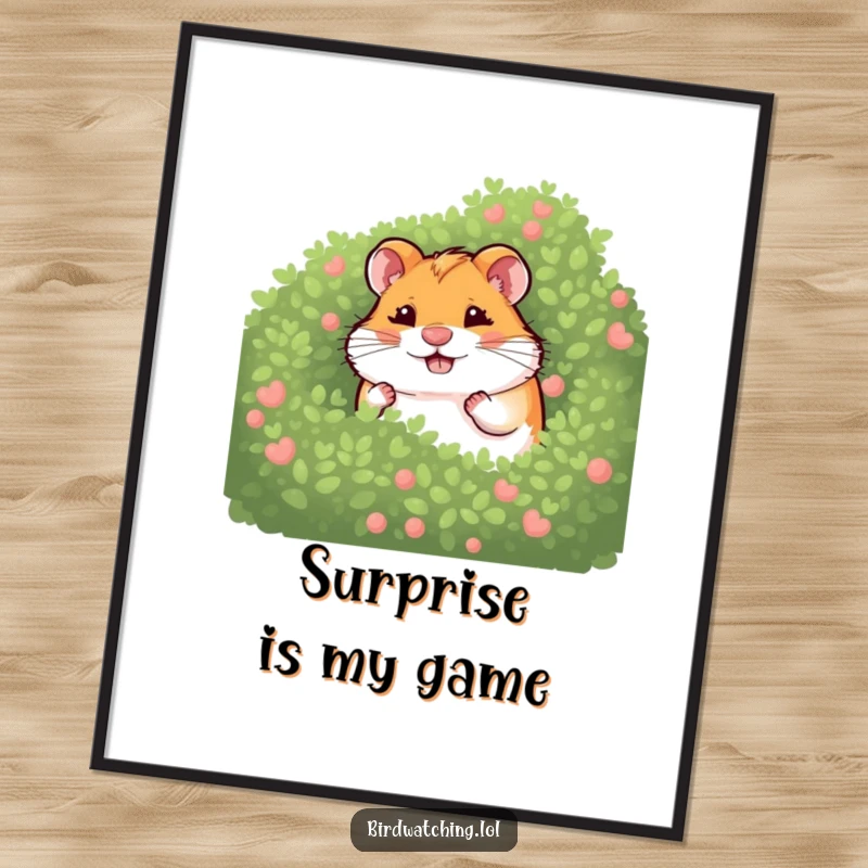 Funny giggling hamster digital art print of a hamster hiding behind a bush, embodying playful mischief and infectious humor, a delightful artwork.