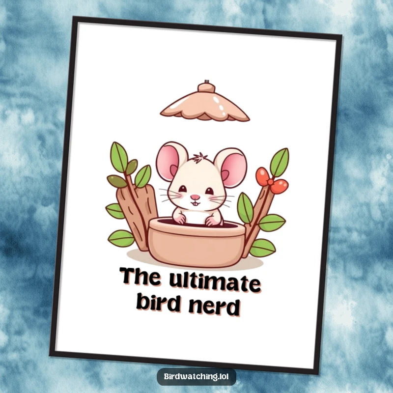 Funny Mouse Digital Art: Silly mouse character hiding behind a bird feeder, great for instant home decor.