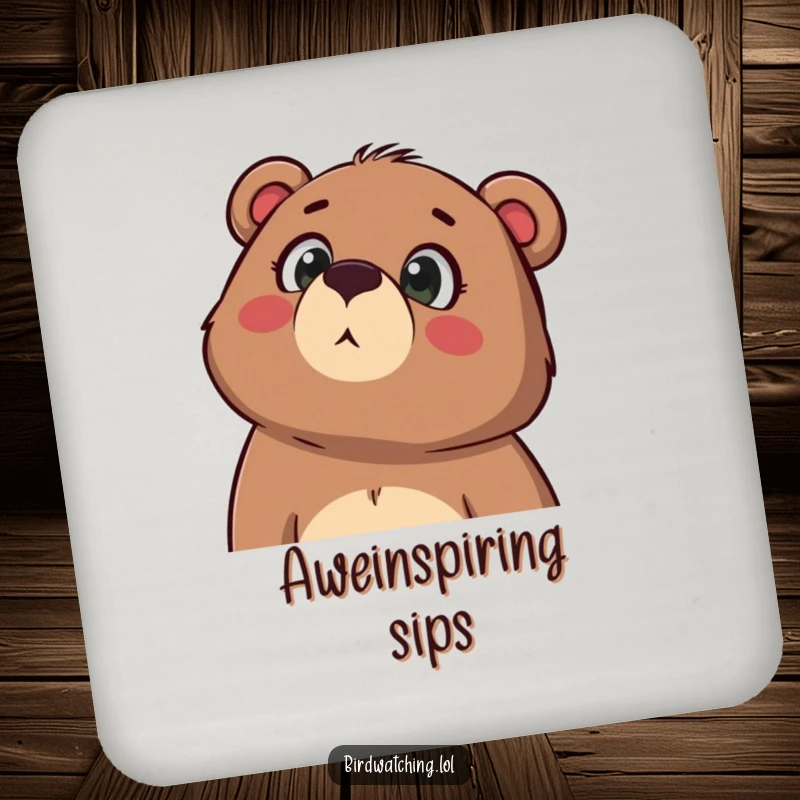 Funny drink coaster featuring a determined bear gazing upwards in wonder, mouth agape, adding a touch of awe and humor to surfaces.