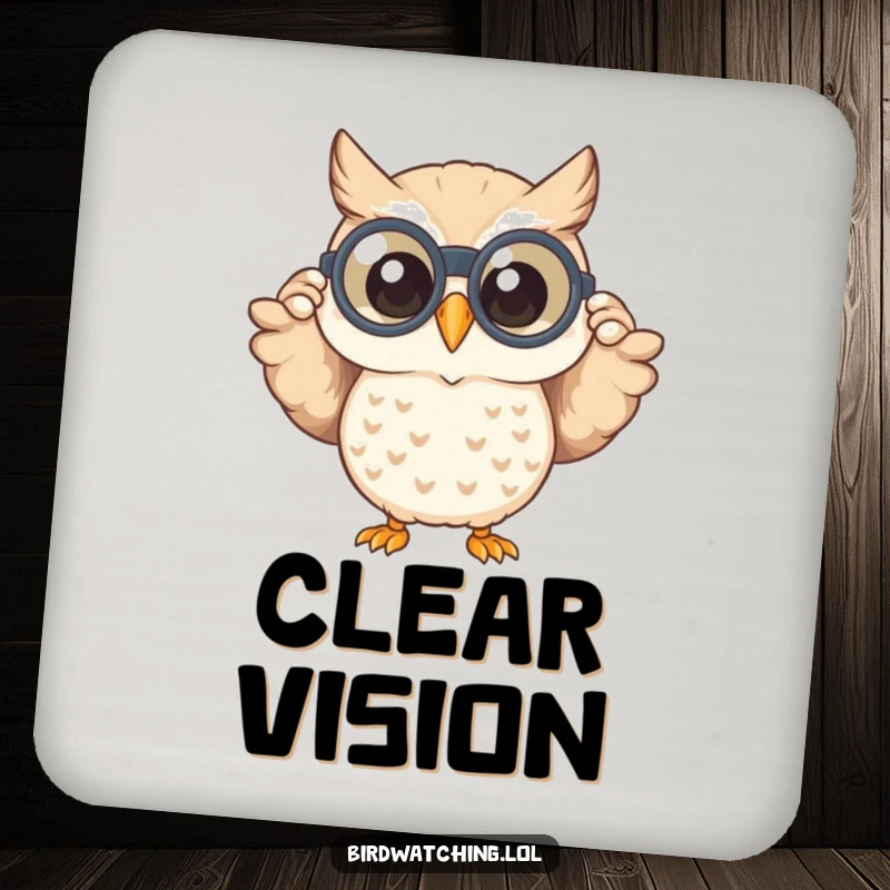 Funny drink coaster showing a happy owl peeking through binoculars with a wide smile, adding a touch of owl humor to any surface.