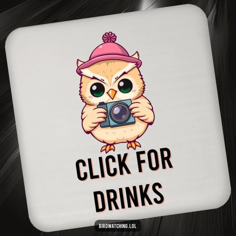 Funny Coaster: A silly owl wearing a tiny hat, holding a camera, protecting surfaces with charm.