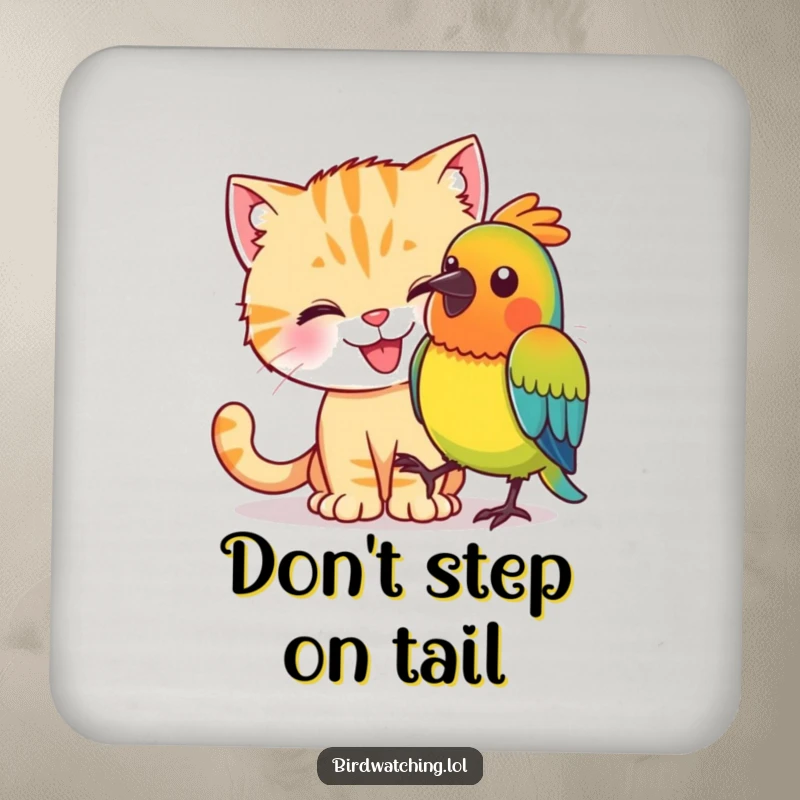 Funny happy cat trying to sneak up on a colorful bird, charming and protective drink coaster.