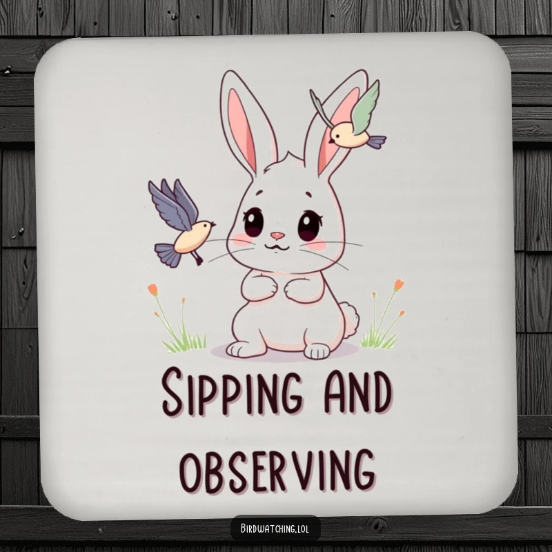 Funny Bunny Drink Coaster: A determined bunny observes a flying creature intently. Cute and funny.