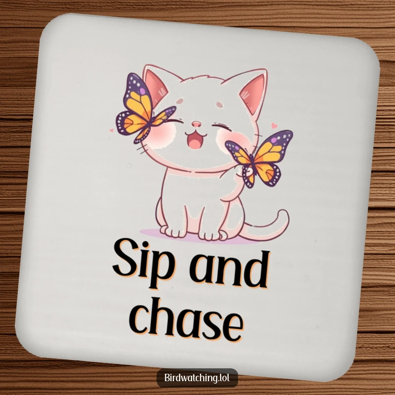 Funny drink coaster depicting a giggling cat playfully attempting to shoo away a colorful butterfly.