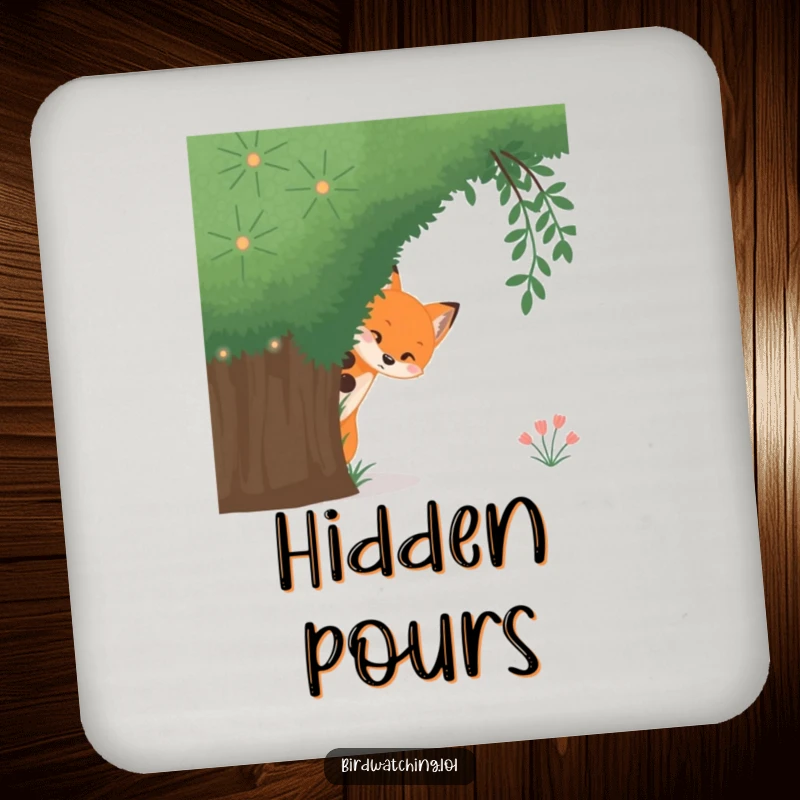 Funny curious fox drink coasters, set of coasters featuring a shy fox peeking from behind a bush, perfect for tables.