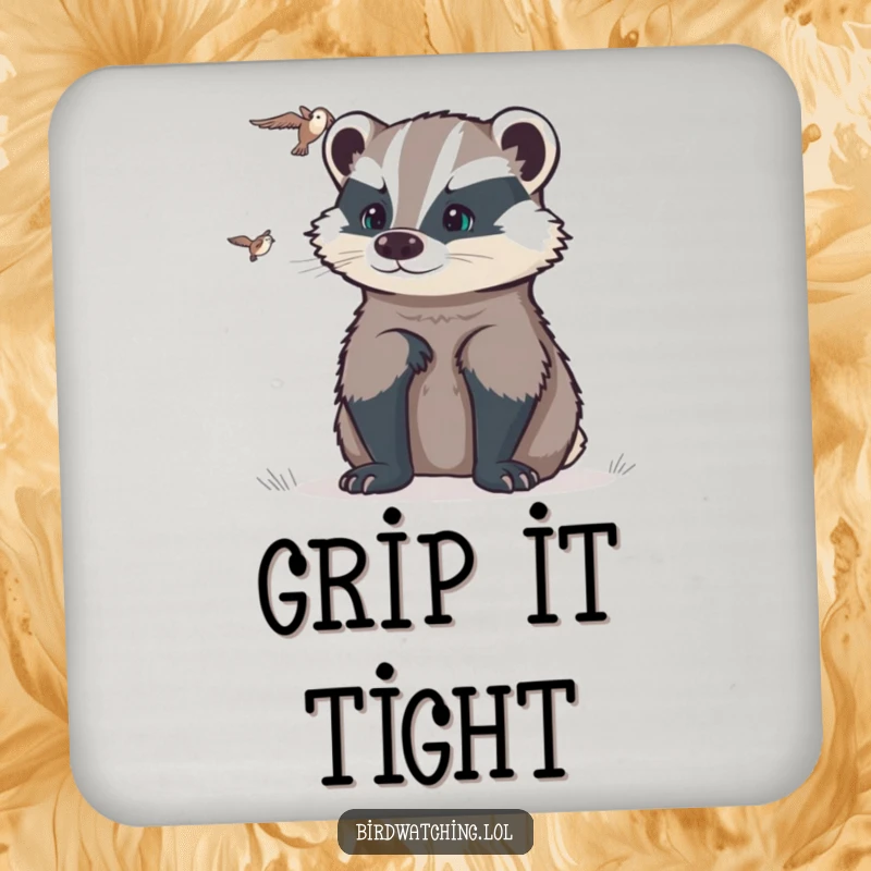 Funny determined badger coaster depicting a badger watching intently, adding focused humor and surface protection, a vigilant accessory.