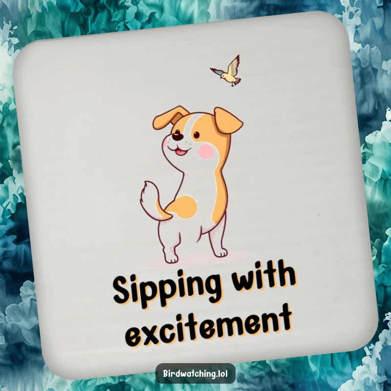 Funny Dog Drink Coaster: A hopeful dog wags its tail, spotting a bird. Cute and funny.
