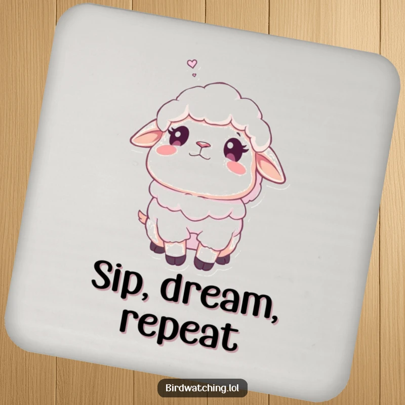 Funny fluffy sheep coaster with a sheep looking dreamily upwards, adding serene humor to any surface, a cute accessory.