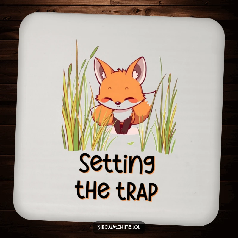 Funny drink coaster featuring a smiling fox creeping stealthily through grass, focused and protective, a humorous and practical accessory for homes.