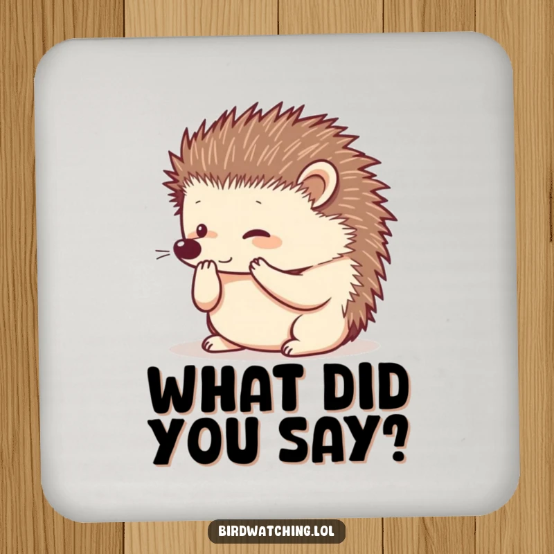 Funny hedgehog coaster set, cupped paws to ear, listening intently, protecting surfaces, humorous home decor gift.