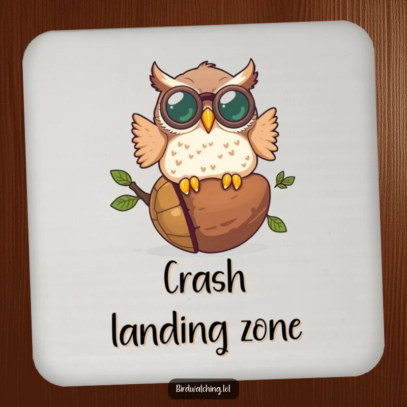 Funny drink coaster showing a plump owl wearing oversized binoculars crashing into a giant acorn, a humorous and protective accessory.