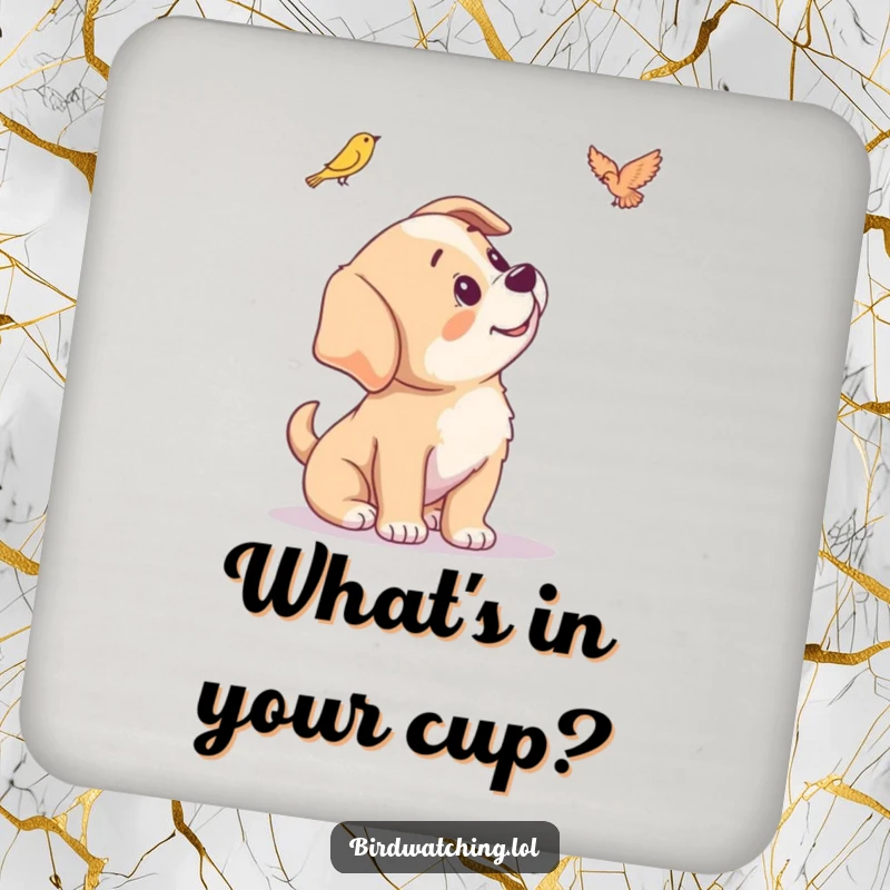 Funny drink coaster with a playful puppy tilting its head, showing curiosity towards your drink.