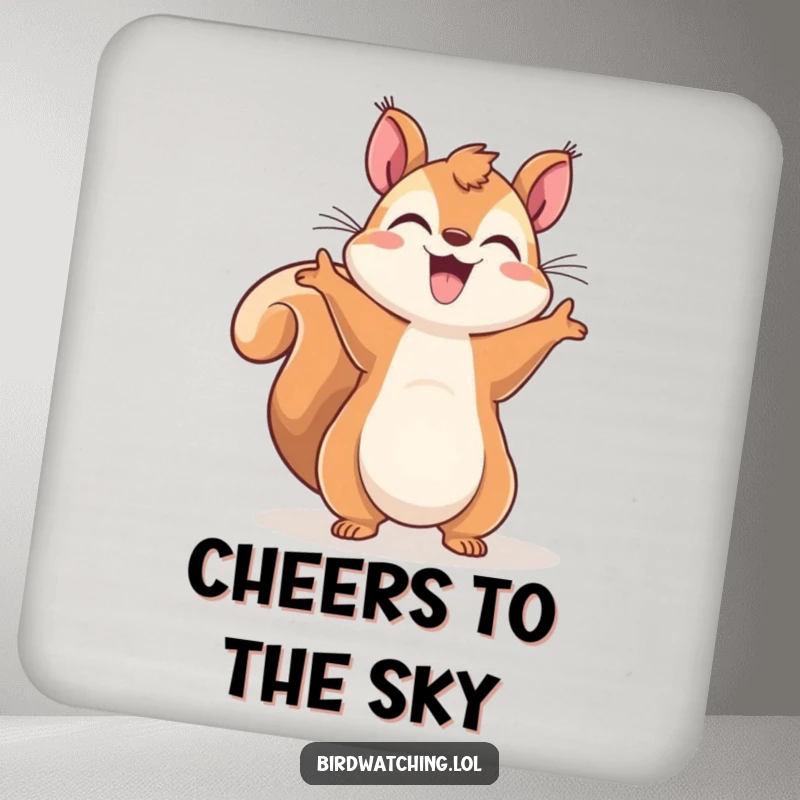 Funny Squirrel Sky-Gazer Coasters: Cheerful squirrel gesturing to the sky, protecting surfaces with happiness and style.