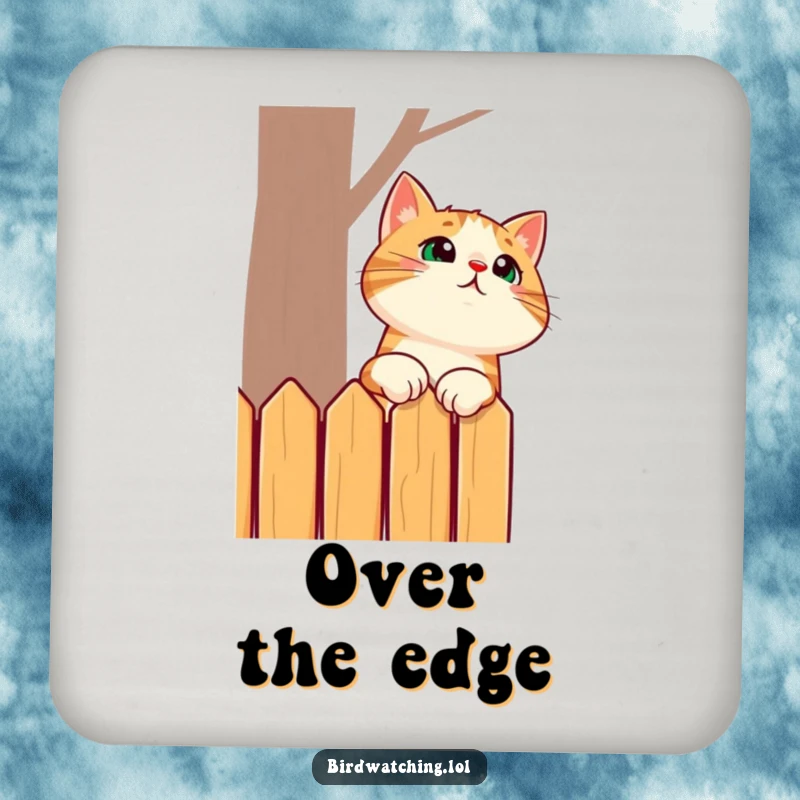 Funny drink coaster featuring a surprised cat stretching its neck to peek over a fence, adding a touch of humor to any table.
