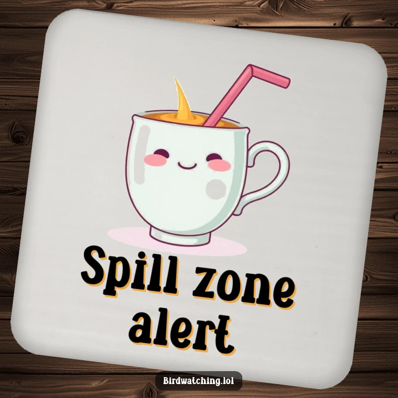 Funny drink coaster showing a cheerful teacup dramatically spilling its contents while balancing a straw on its handle, a humorous accessory.