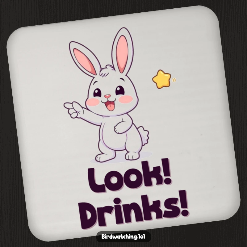 Funny drink coaster featuring a cheerful bunny pointing excitedly, adding a touch of joy and humor to any table setting, perfect gift.