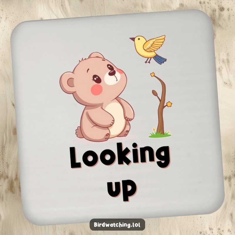 Funny drink coaster showcasing a bear captivated by a bird, protecting surfaces with a touch of gentle humor and natural wonder, a perfect gift item.