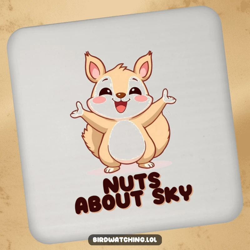Funny squirrel drink coaster, joyfully gesturing towards the sky, protecting surfaces with a humorous design.